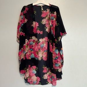 Navy Blue Kimono Pink Flower Print
